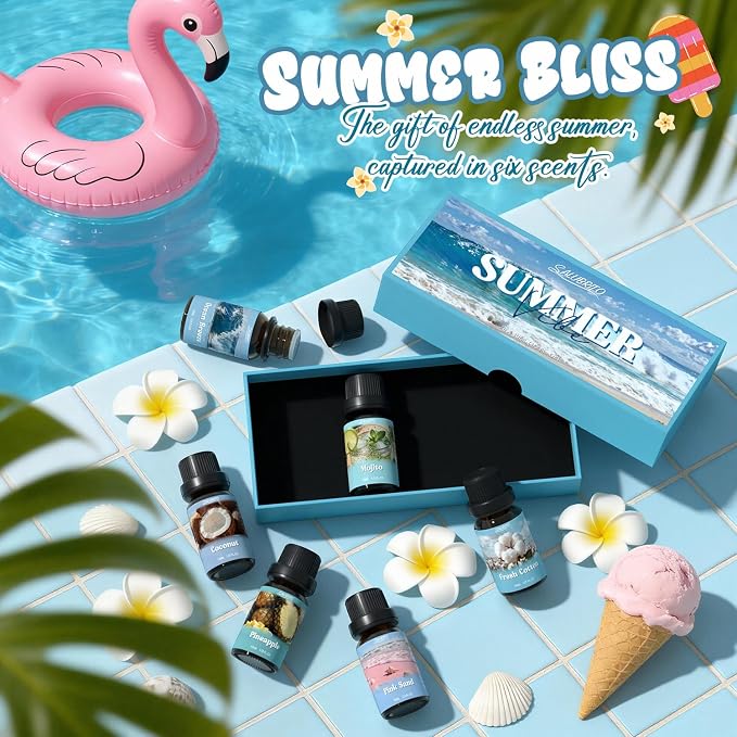 SALUBRITO Summer Fragrance Oils Set, Premium Essential Oils Set for Diffuser, Candle, Soap Making, Fresh Cotton, Coconut, Mojito, Pineapple, Ocean Breeze, Pink Island, Strong Scented Oils