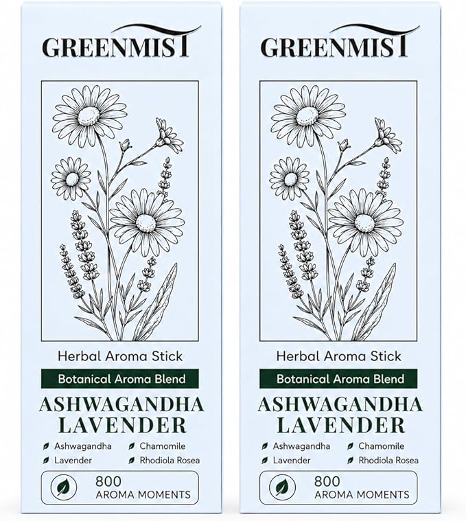 GreenMist Ashwagandha Lavender Herbal Aroma Stick 2 Pack, Plant-Based Botanical Scent Accessory, Portable Silicone Stick, Lavender Chamomile Rhodiola Notes, Blue, 800 Aroma Moments Each