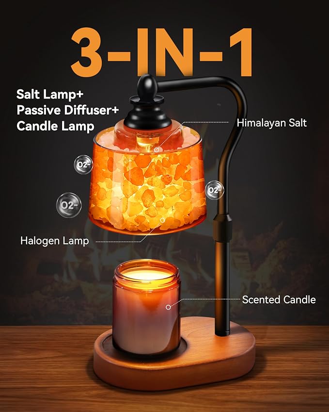 3-in-1 Candle Warmer Lamp with Timer Dimmable, Himalayan Salt Lamp & Passive Diffuser, Gifts for Women, House Warming Gifts, Wax Melt Warmer for Jar Candles (Black)