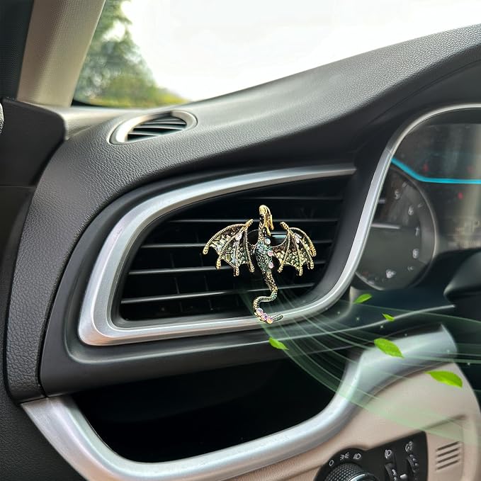 ORIESSE Dragon Car Accessories 2pcs Bling Dragon Car Air Freshener Vent Clips Cute Alloy Dark Green Enamel Wyvern Vent Clip Decorations Refillable Essential Oil Diffuser