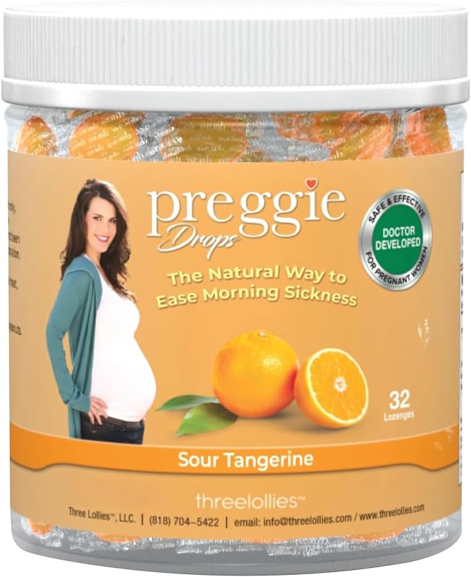 Preggie Drops Pregnancy Nausea Lozenges with Essential Oils, Morning Queasiness Lozenges for Pregnant Women, Natural Sour Tangerine Drops Pack, 32 Count