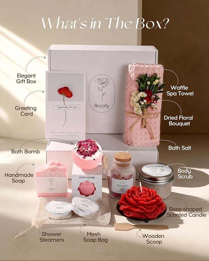 Rose Spa Gifts for Women - 12pc Self-care Spa Gift Basket with Scented Candle, Bath Salt, Greeting Card - Thinking of You Basket for Her Birthday, Christmas, Mother's Day, Valentine's Day