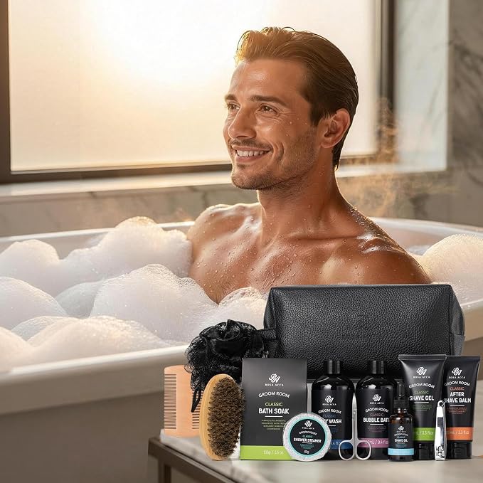 14 Pcs Bath & Body Gift Set for Men, Father's Day Gifts, Beard Grooming, Home Spa & Self Care Gift Basket, Shave Gel, Leather Bag, Christmas, Birthday, Anniversary, Dad, Husband, Boyfriend