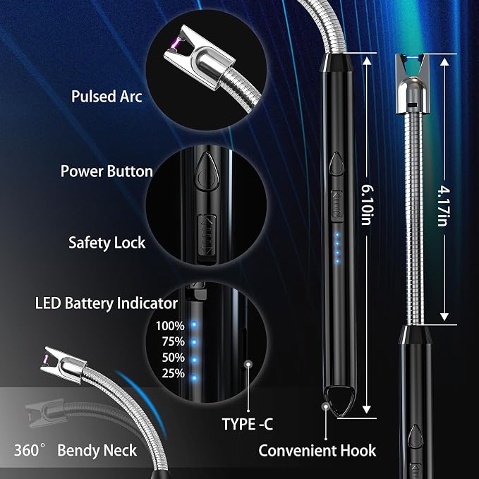KTEBO 2 Pack Electric Candle Lighter, Windproof Plasma Arc Rechargeable | USB-C Flameless Plasma Lighter, 360-Degree Flexible Long Gooseneck, LED Battery and Safety Lock for Candles, Grill, Camping