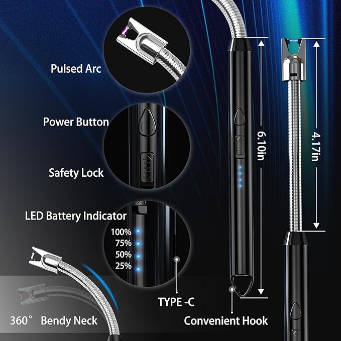 KTEBO 2 Pack Electric Candle Lighter, Windproof Plasma Arc Rechargeable | USB-C Flameless Plasma Lighter, 360-Degree Flexible Long Gooseneck, LED Battery and Safety Lock for Candles, Grill, Camping