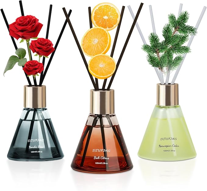 Rose Citrus Cedar Reed Diffusers with 24 Fiber Sticks,3 Set of Scent Diffusers for Home Shelf Decor,Last Up 60 Days