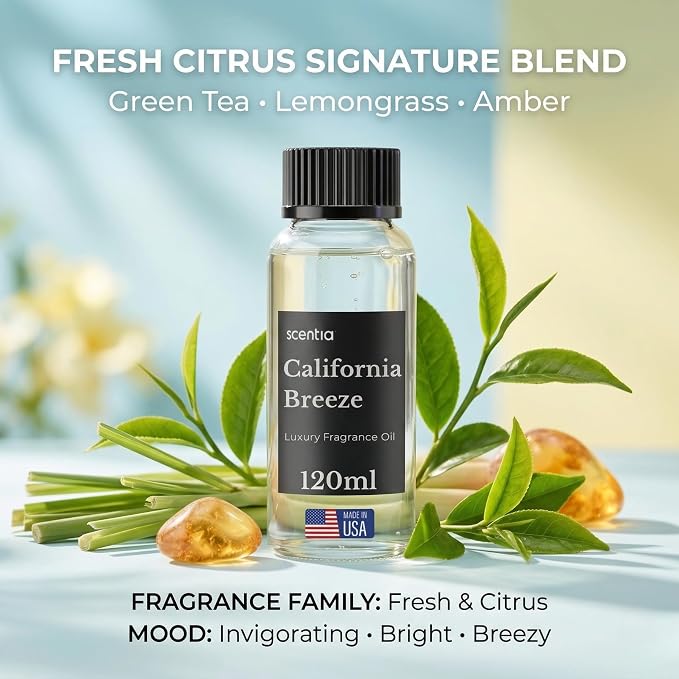 Scentia California Breeze Diffuser Oil Refill – Hotel Fragrance Oil Inspired by Delano Beach Club – 120 mL – Orange, Green Tea & Jasmine Long-Lasting Scent for Ultrasonic & Waterless Diffusers