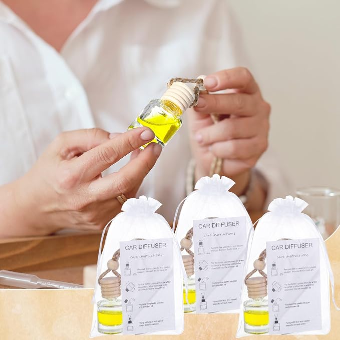 Boao 50 Sets Hanging Car Air Freshener Diffuser Bottles Empty Bulk with Car Diffuser Instruction Cards Organza Bags Glass Refillable Essential Oil Fragrance Aromatherapy Pendant (Cylindrical,Clear)