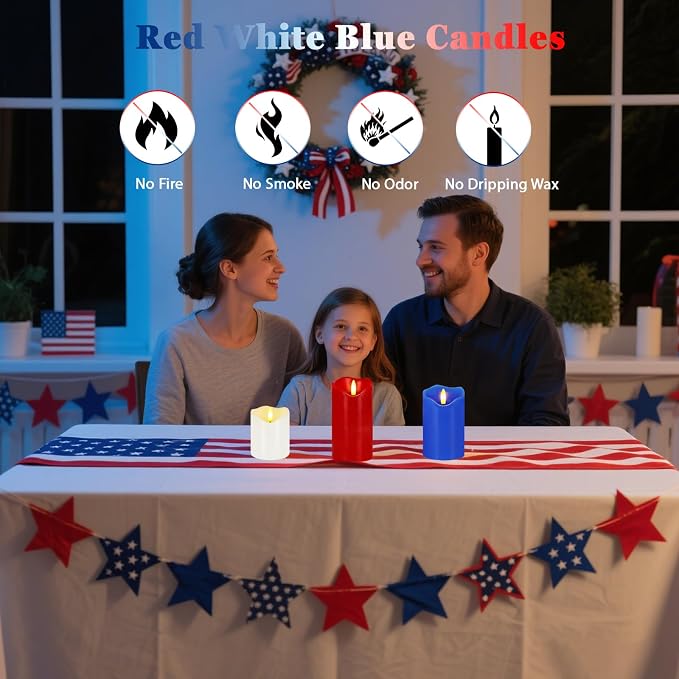 VEEKI 4th of July Flameless Candles, Set of 3 Patriotic LED Candles with Remote & Timer, Flickering Electric Pillar Candles Battery Operated, Red White Blue Candles for Home Independence Day Decor