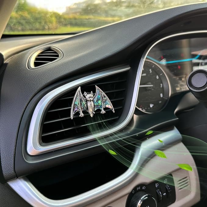 ORIESSE Bat Air Vent Clip Car Air Freshener Outlet Clips Natural Abalone Shell Seashell Color Vampire Bat Car Accessories Gothic Car Decor Refillable Car Diffuser Clips (Medium Bat)