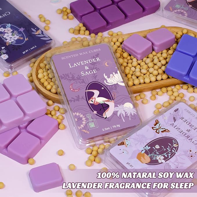 SCENTORINI Wax Melts, Wax Cubes Strong Scent, Summer Scents, Lavender Scented Wax for Sleep, Wax Melts for Warmer, 2*Lavender & Gardenia, Sage, Chamomile, Sandalwood, 2.5 oz 8-Pack