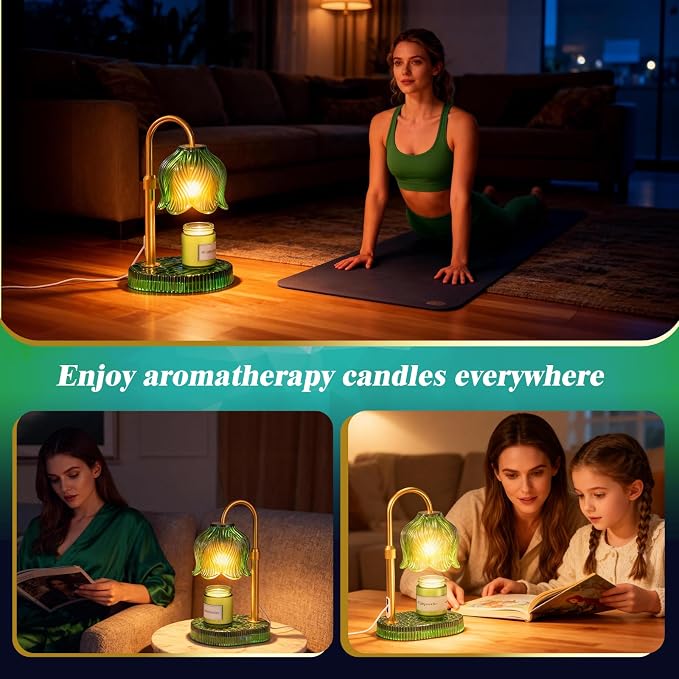 Candle Warmer Lamp with Adjustable Height - Flameless 4-Level Dimmable Wax Warmer, Timer Function & Stylish Design in Multiple Colors (Green)