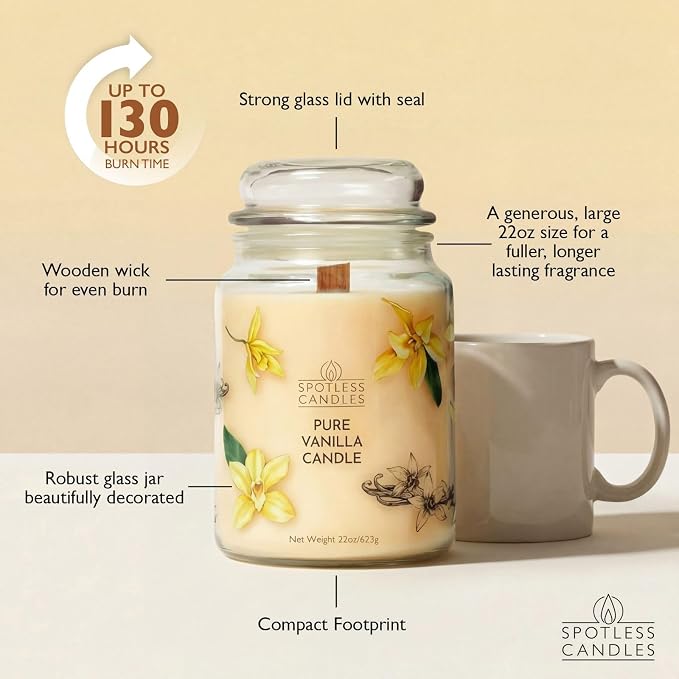 Vanilla Candle 22oz: 130 Hour Burn, Large Jar Scented Soy Wax Candle, Wooden Wick, Warm Vanilla Sugar, Luxury Gift Box, Home Decor by Spotless Candles
