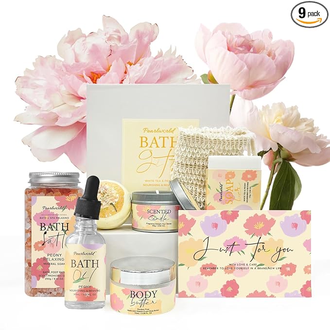 Peony Spa Gift Set for Women, Luxury 9 Pcs Bath Salts Set, Relaxation Gifts for Women, Self Care Set, Clean Moisturizing Skin, Gifts for Mom, Wife, Sister, Friend