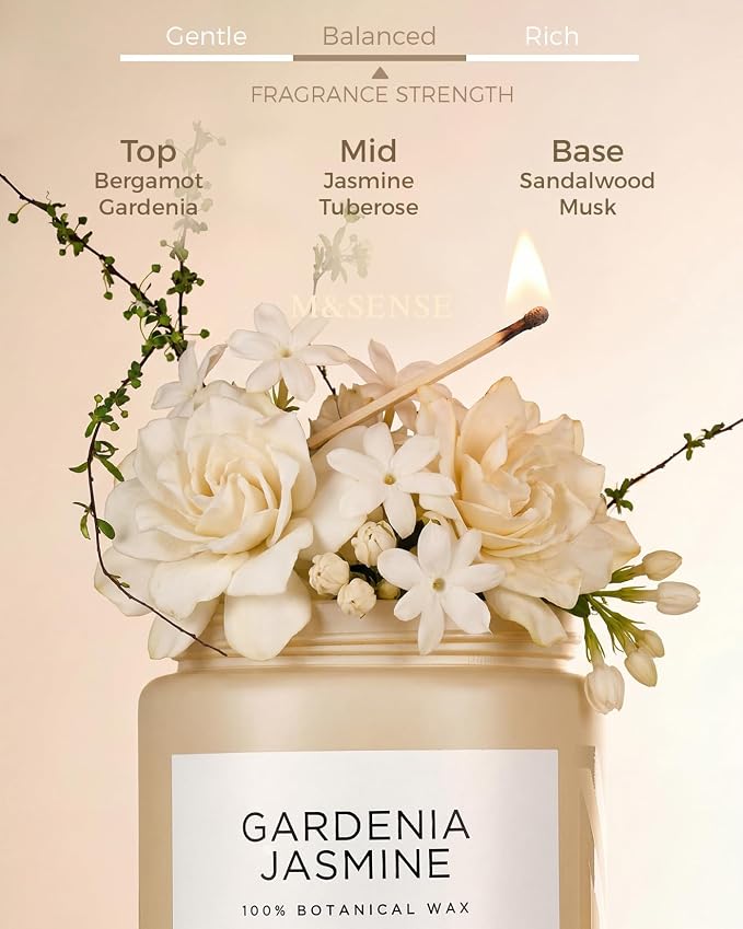 M&SENSE Large Gardenia Jasmine Scented Candles, 19.4oz Natural Soy Wax, 110 Hours Long Lasting Slow Burning, Non Toxic Clean Burn, Spring Floral Scent Aromatherapy Candle for Her