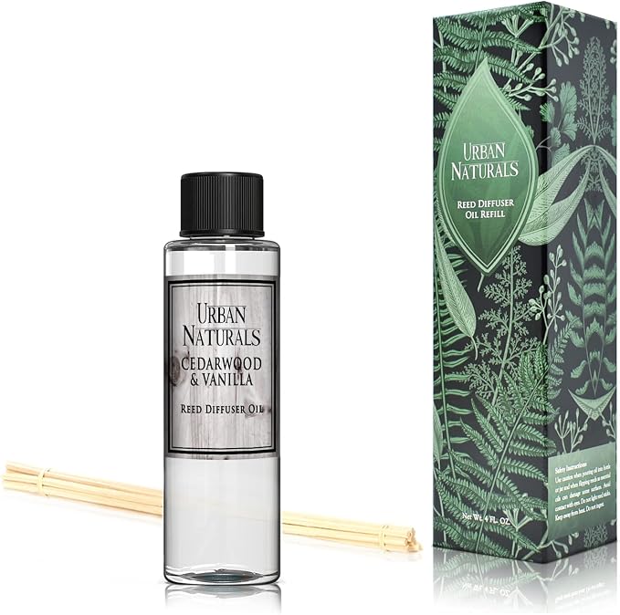Urban Naturals Reed Diffuser Oil Refill, Cedarwood Vanilla Fragrance Oil with Oak, Cedar, Vanilla, 4 oz + Free Reed Sticks, Made in the USA