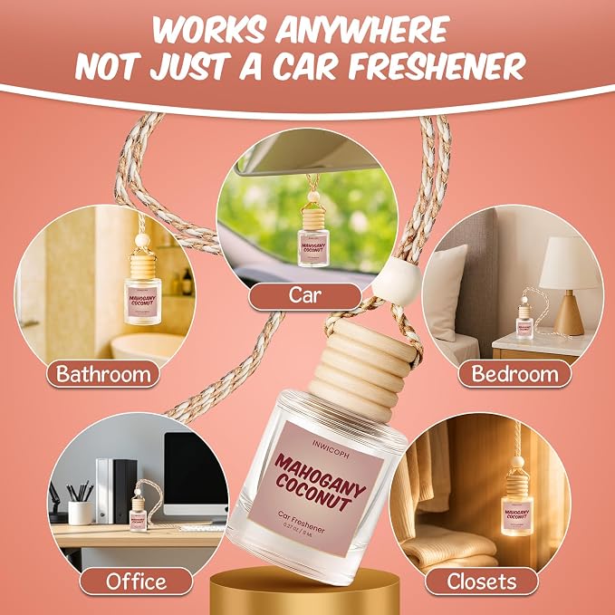 Premium Car Air Freshener Diffuser Set (2 Pack) - Mahogany Coconut Fragrance Oil, 45+ Day Long-Lasting Hanging Auto Freshener