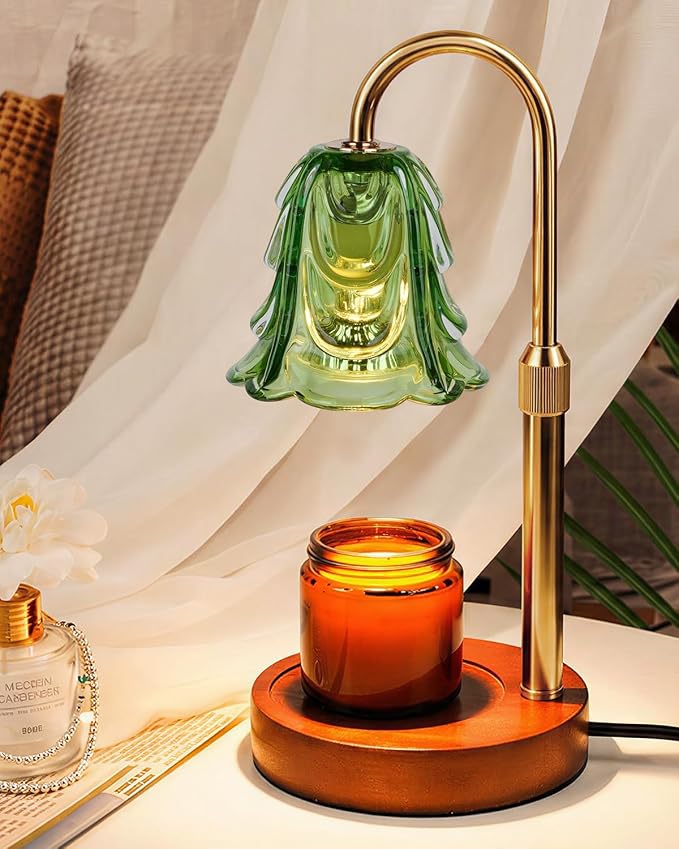 Small Candle Warmer Lamp with Timer, Adjustable Green Lamp Warmer for Jar Candles, Unique Women Gifts for Birthday, Dimmable Candle Heater, Anniversary Day Gifts, Cute Wax Warming Light with Wood Base