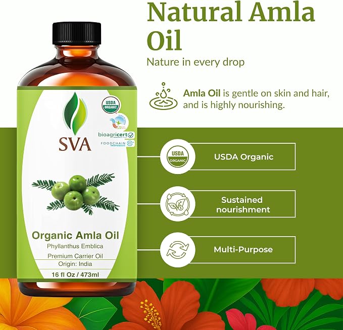 SVA Amla Oil Organic - 16 Fl Oz – 100% Natural Cold Pressed Organic Amla - for Face, Skin Care, Hair Care, Scalp Massage & Body Massage – Carrier Oil