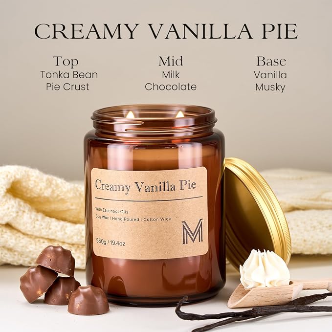 M&SENSE Creamy Vanilla Pie Scented Large Candle, 19.4oz Aromatherapy Candle for Home Fragrance, Natural Organic Soy Wax Long-Lasting for Stress Relief, Yoga, Gifting for Birthday, Housewarming