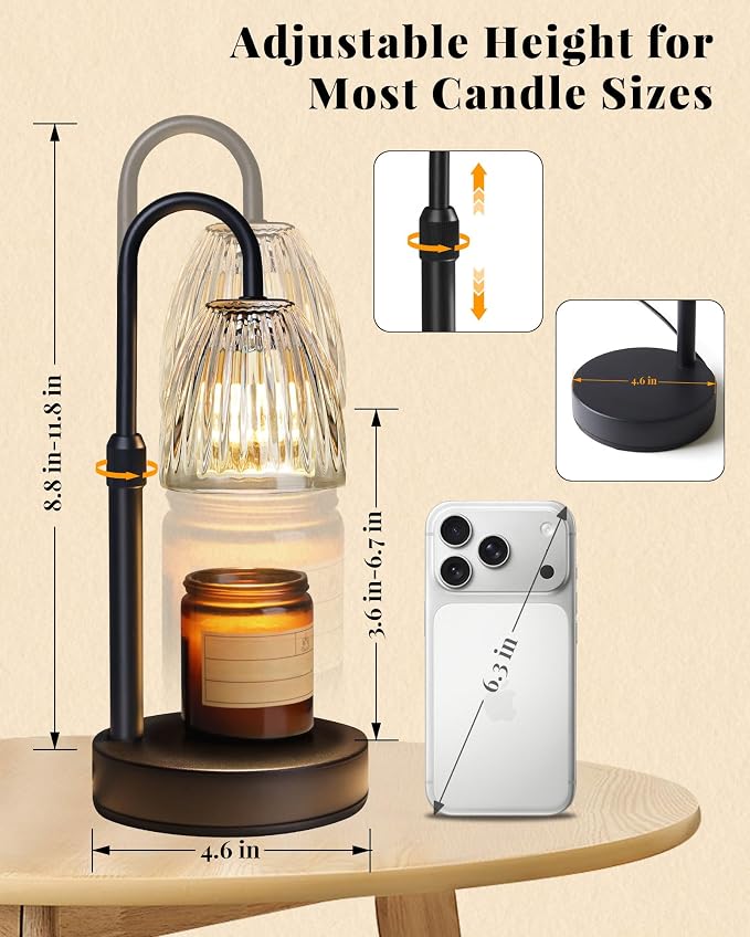 Dimmable Candle Warmer Lamp with Timer Adjustable Height, Mothers Day Gifts for Mom, Home Decor Birthday Housewarming Gifts for Women, Modern Electric Wax Melt Warmer for Scented Jar Candles, Clear