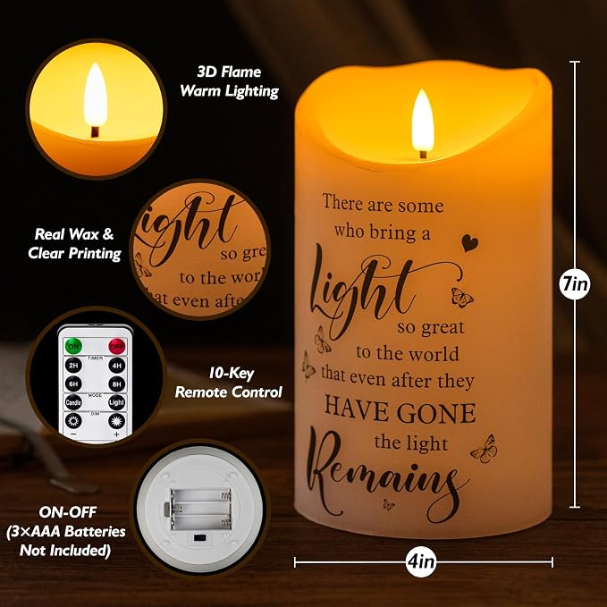 Flameless Memorial Candle, Real Wax LED Light with Remote Sympathy Bereavement Gifts for Loss of Loved One Sympathy Candles for Loss of Mother Father Mom Dad Son Remembrance Gifts (4" x 7")