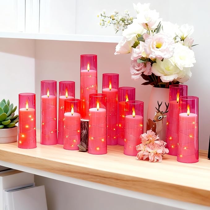 Flameless Candles,with Embedded Star String, Battery Operated Candles Flickering LED Pillar Candles with Remote Control and Timer, Home Decoration Add a Warm and Romantic Atmosphere，Set of 7 (Pink)
