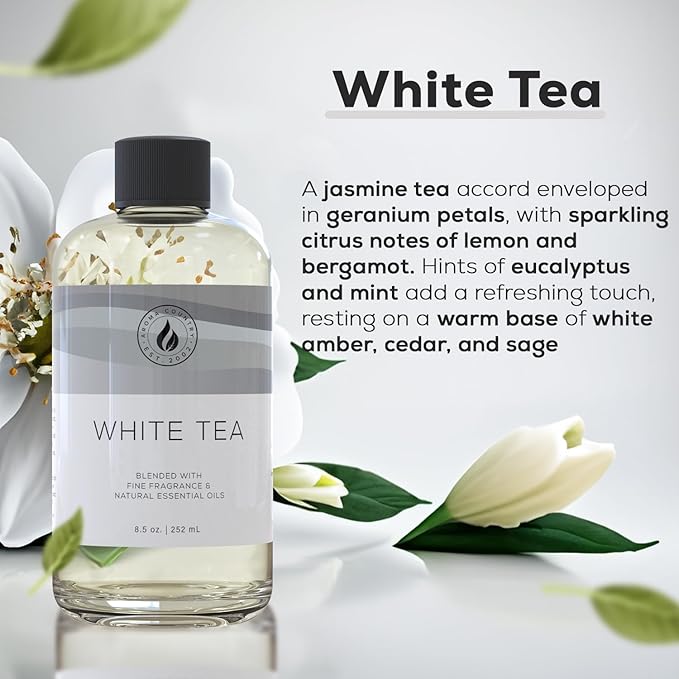 Aroma Country White Tea Diffuser Oil - Luxury Essential Oils for Diffuser Refill & Air Freshener Room Spray, Long-Lasting, Natural Fragrance and Hotel Scent for Diffusers & Machines (8.5 Fl Oz)