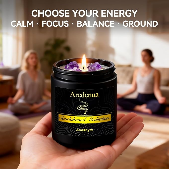 Candle for Meditation and Spiritual Practice - Sandalwood Aromatherapy Candle with Amethyst Healing Crystal, Natural Soy Wax Scented Candle for Yoga Mindfulness, 7oz Long Lasting, Zen Gift