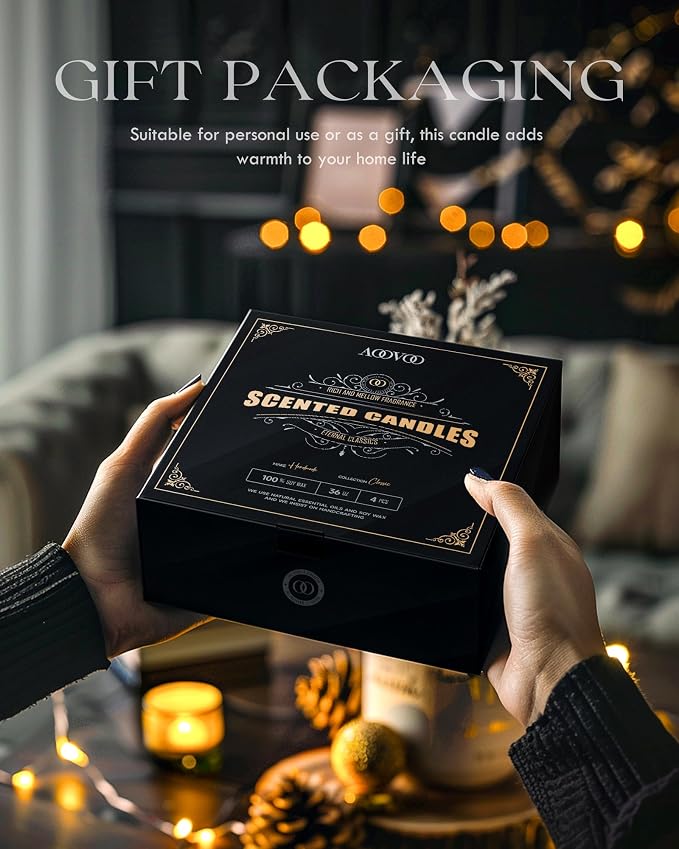 AOOVOO Scented Candles for Men - 4 Pack Candles for Home Scented, 36oz Soy Wax, 200 Hour Burn Time, Men Candle Set, Rose Sandalwood/Whiskey Caramel/Lavender/Leather Candle Set T