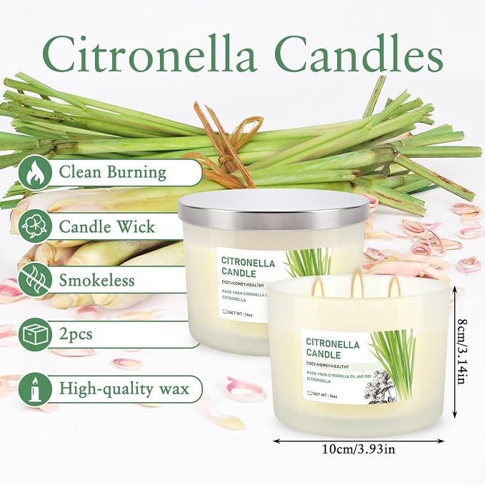Citronella Candle Set of 2, 14oz Frosted Jar Triple-Wick, Clean & Smokeless for Outdoor Patio, Garden, Deck, Porch Ambiance with Natural Citronella Scent