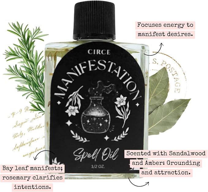 CIRCE Manifestation Spell Oil - Focus Intentions & Support Goals w/Clarity & Purpose - Add to Bath, Use in Rituals, Wear as Fragrance to Align w/Desires - Coconut Oil & Rosemary Herb - 1/2oz