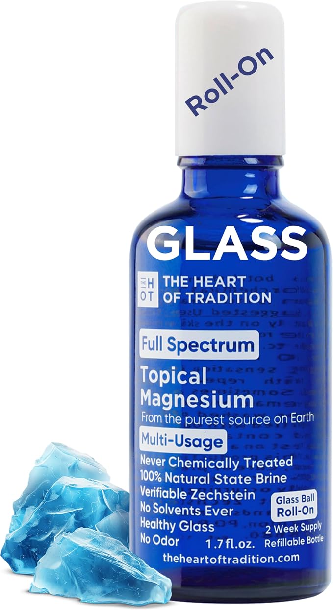 Full Spectrum Transdermal Magnesium Oil Roll On (Topical) with Glass Ball Roll-On, 1.7oz Zechstein Magnesium Oil for Feet, Sore Muscles, Leg Cramp Fix & Running Recovery, Refillable