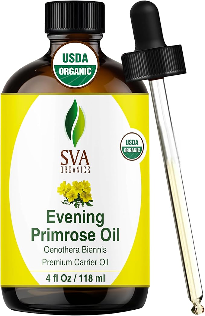 SVA Evening Primrose Oil Organic - 4 Fl Oz – 100% Natural Cold Pressed Organic Evening Primrose Oil - for Face, Skin Care, Hair Care, Scalp Massage & Body Massage – Carrier Oil with Dropper