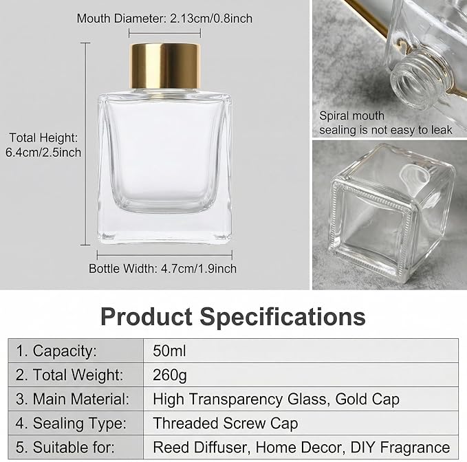 2PCS 50ml/1.7oz Empty Clear Glass Diffuser Jars with Gold Cap Small Square-Shaped Essential Oil Container Fragrance Accessories Use for DIY Replacement Set