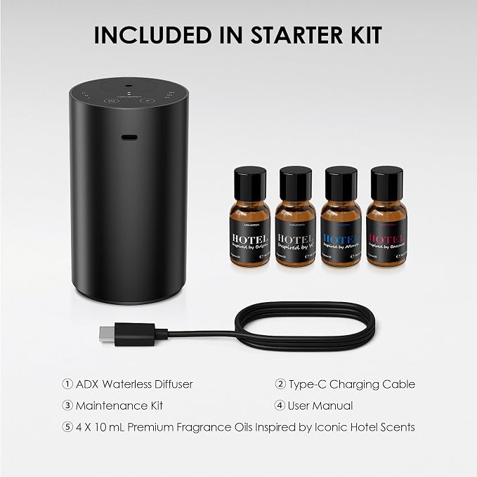 Airversa Waterless Essential Oil Diffuser Starter Kit with 4 x 10mL Hotel Scent Fragrance Oil, Aluminum Housing, Battery Operated Mini Scent Air Portable Diffuser for Home Car Office, ADX Kit Black