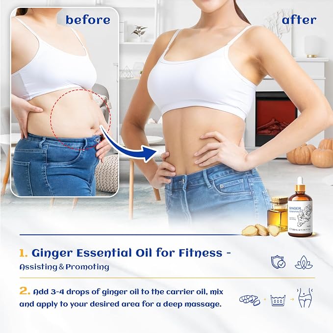 HIQILI Ginger Essential Oil 3.38 Fl Oz, for Massage, Diffuser, Large Bottle with Dropper & Gift Box -100ml