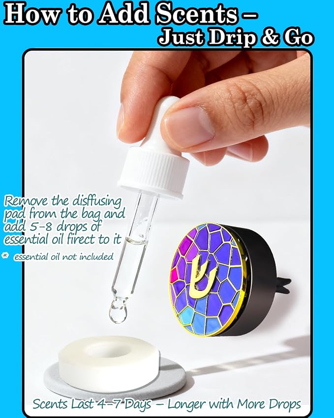 Hebrew Shin Car Vent Clip Air Freshener - Essential Oil Diffuser Refillable with 1 DIY Unscented Pads for Car Jewish Hanukkah Gifts Blue 1.57”