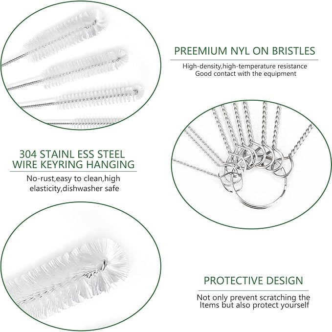 CiaraQ Bottle Cleaning Brushes, 8 Inch Nylon Tube Brush Set, Cleaner for Narrow Neck Bottles Cups with Hook, Set of 13pcs, White
