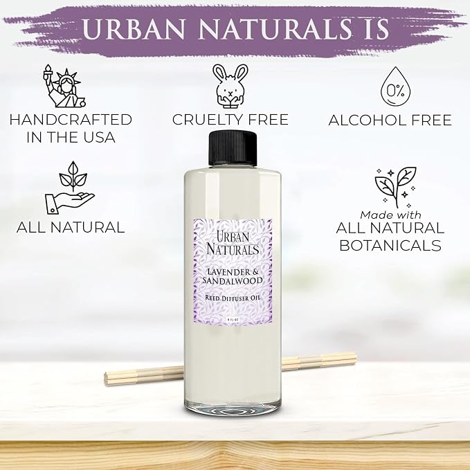 Urban Naturals Reed Diffuser Oil Refill Lavender Sandalwood with Golden Amber, Exotic Woods, Patchouli 8 oz + Free Reed Sticks, Made in the USA