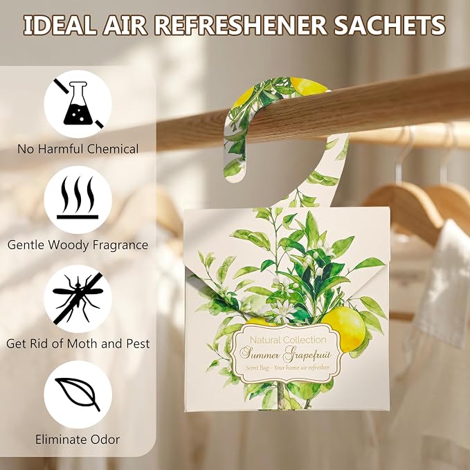 24 Pack Grapefruit Sachets for Drawers and Closets, Fresh Scents Sachet Packets Vibrant Closet freshener and Drawer Deodorizers, with 10 Reusable Hanging Bags