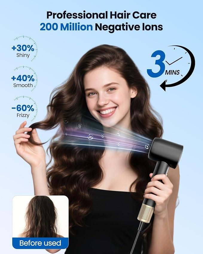 High Speed Hair Dryer, Professional Ionic Hairdryer with Brushless Motor for Fast Drying, Thermo-Control Quiet Hair Blow Dryer with Magnetic Diffuser for Women & Men, Home, Salon, Travel