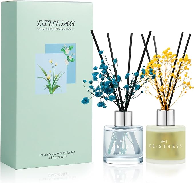 Freesia Jasmine White Tea Reed Diffuser Set, 3.4 oz Scent Diffuser with Dried Flower for Bathroom Small Place, Last up to 60 Days