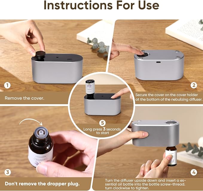Waterless Diffuser for Home Essential Oil Diffuser, Aromatherapy Diffuser, Portable Scent Diffusers, 3 Mist Modes, Cycle Start for Bedroom, Office Studio 350-700 sq. ft Silver