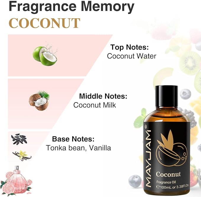 MAYJAM 100ML/3.38FL.OZ Coconut Fragrance Oils with Glass Dropper, Essential Oils for Diffusers for Home, Long Lasting Scented Oils for Diffusers Soap Candle Making