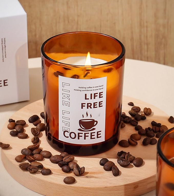 Natural Coffee Scented Candle in Orange Glass,Real Beans Inside! Smokeless Soy Wax Aroma Candle Gift for Coffee Lovers,Home Bedroom Decor,Wedding Props,Aromatherapy Must-Have