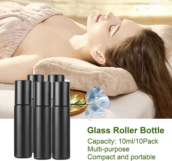 Glass Roller on Bottle, 10ml Refillable Essential Oil Bottle with Stianless Steel Ball, Pack of 10 (Black)