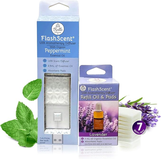Belle Aroma® FlashScent™ Aromatherapy Diffuser USB – Portable Essential Oil Diffuser for Car, Office Desk & Travel – Waterless Mini Air Diffuser Kit with Peppermint & Lavender Oil & 7 Refill Pads