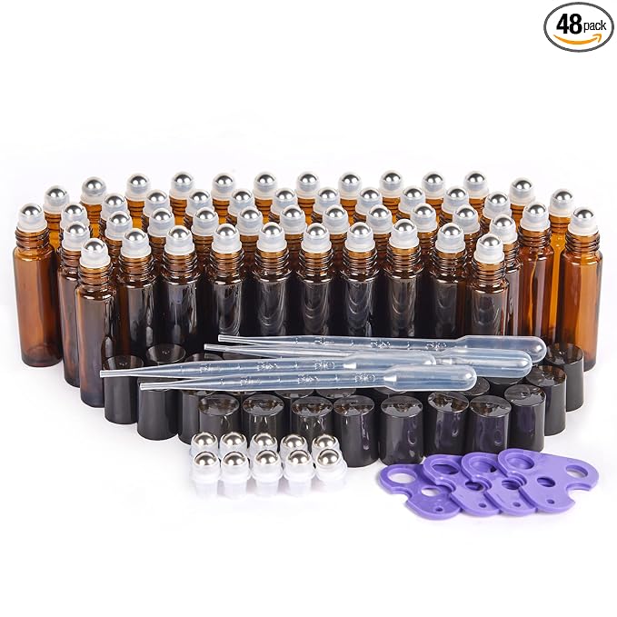 Hoa Kinh Roller Bottles for Essential Oils 10ml 48Pack Empty Amber Glass Perfume Roller Bottles with Stainless Steel Balls Refillable Roller Ball Applicator for Hair, Essential Oil
