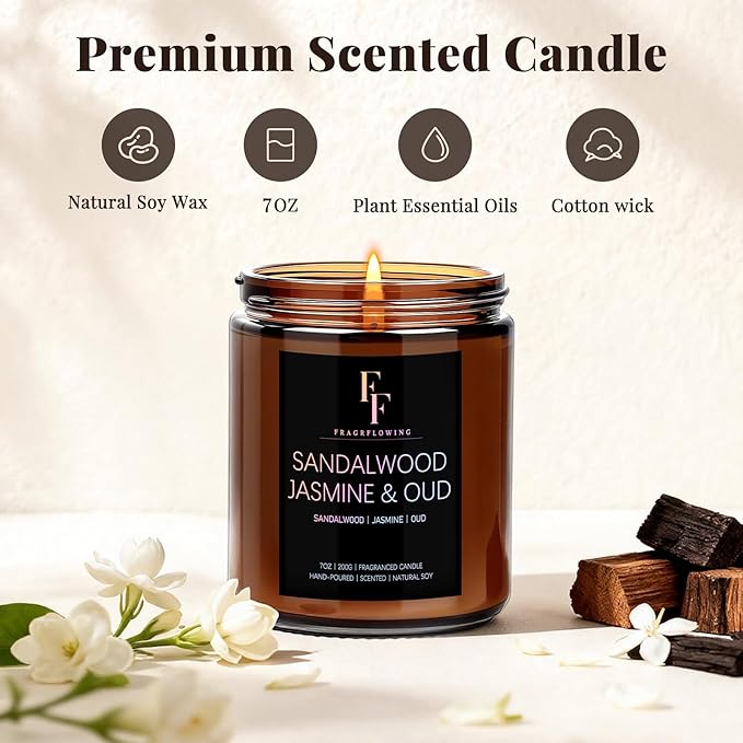Sandalwood Jasmine Scented Candle for Home Soy Wax Candle, Aromatherapy Candle Gift for Women Men, 7oz